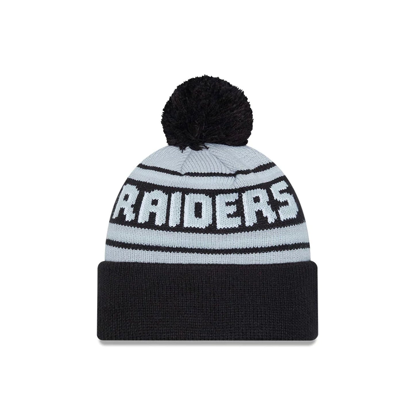 This is a Las Vegas Raiders NFL Pom Wordmark Black Bobble Knit Beanie Hat 2