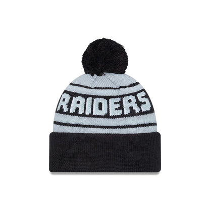This is a Las Vegas Raiders NFL Pom Wordmark Black Bobble Knit Beanie Hat 2