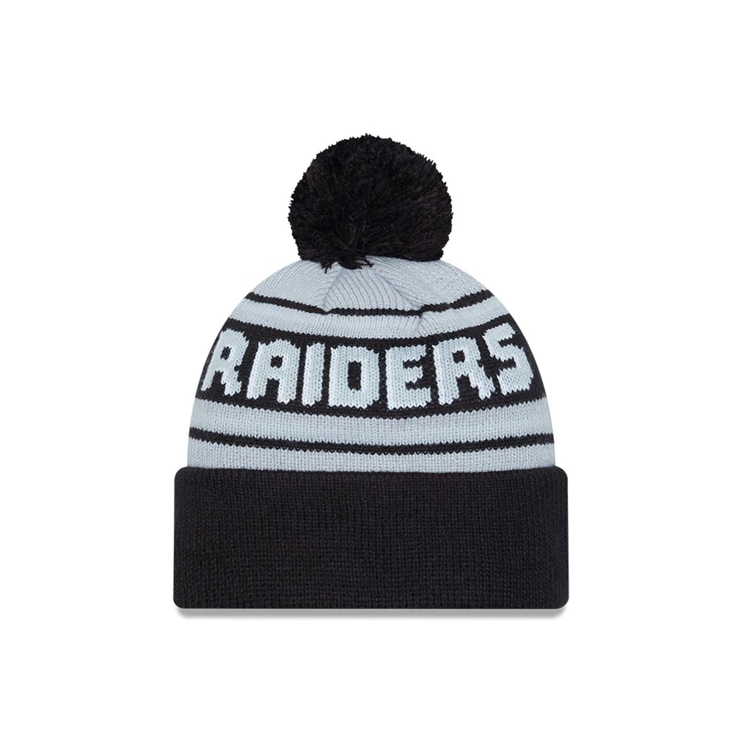 This is a Las Vegas Raiders NFL Pom Wordmark Black Bobble Knit Beanie Hat 2