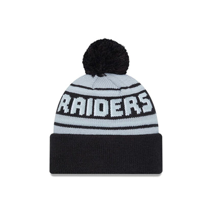 This is a Las Vegas Raiders NFL Pom Wordmark Black Bobble Knit Beanie Hat 2