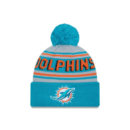 This is a Miami Dolphins NFL Pom Wordmark Turquoise Bobble Knit Beanie Hat 1