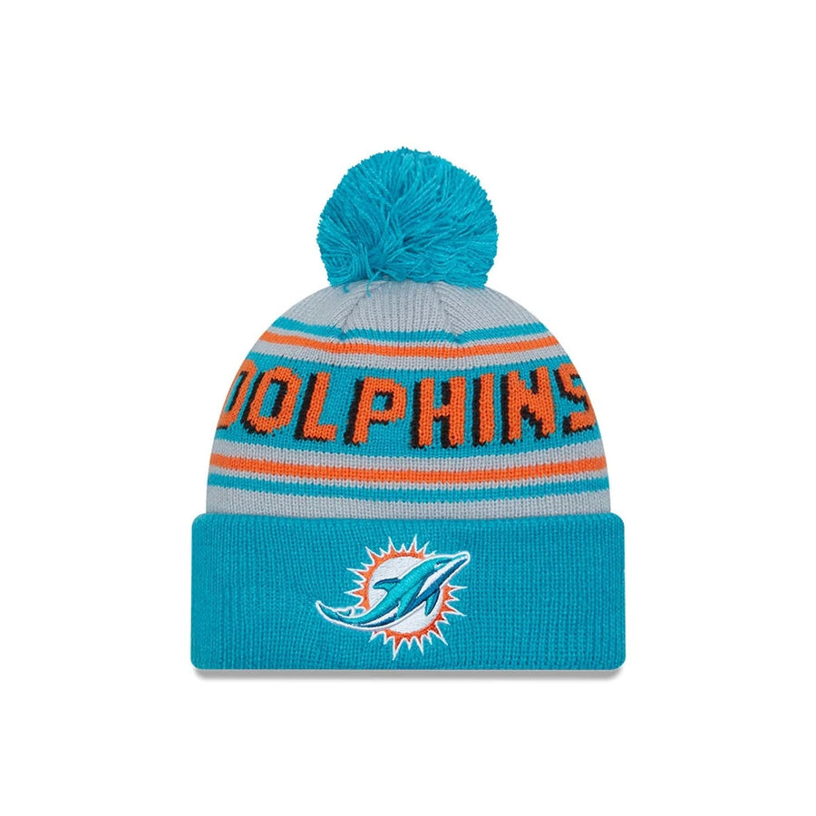 This is a Miami Dolphins NFL Pom Wordmark Turquoise Bobble Knit Beanie Hat 1