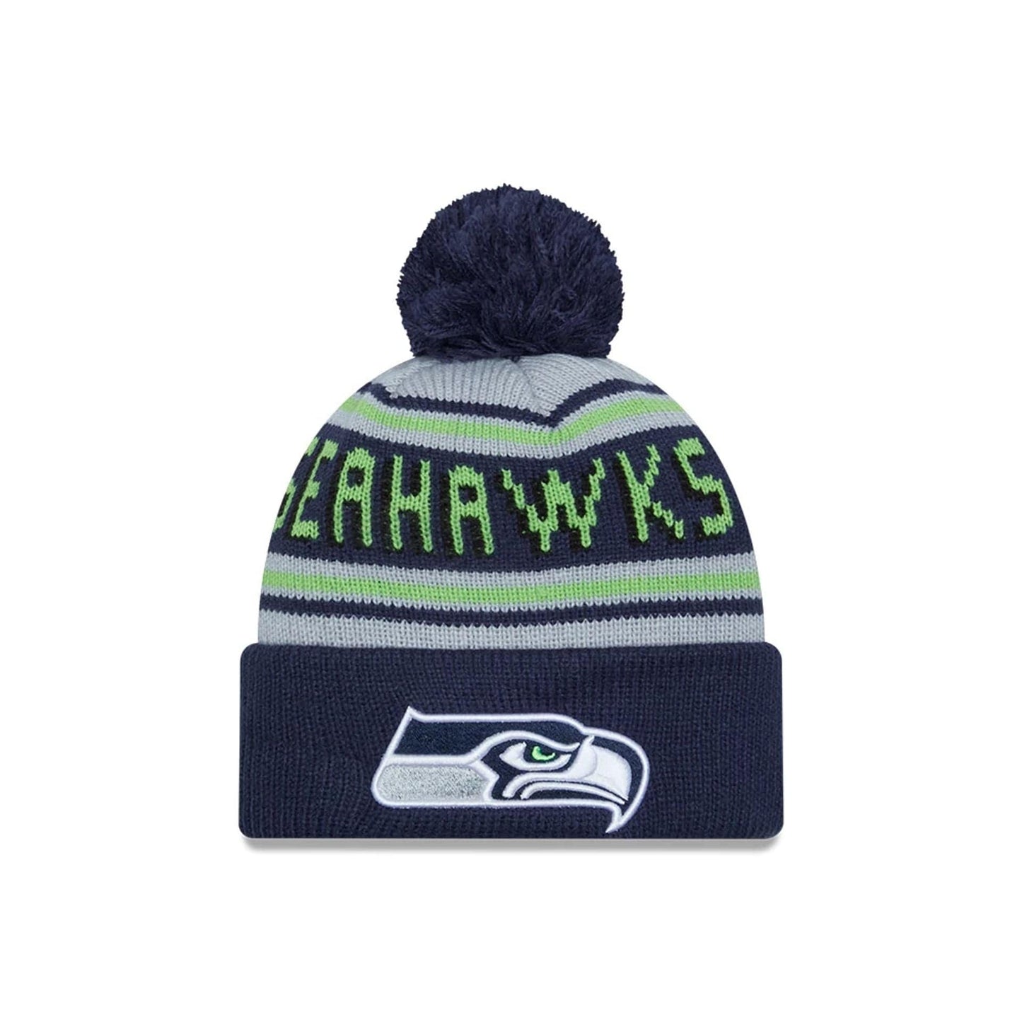 This is a Seattle Seahawks NFL Pom Wordmark Navy Bobble Knit Beanie Hat 1