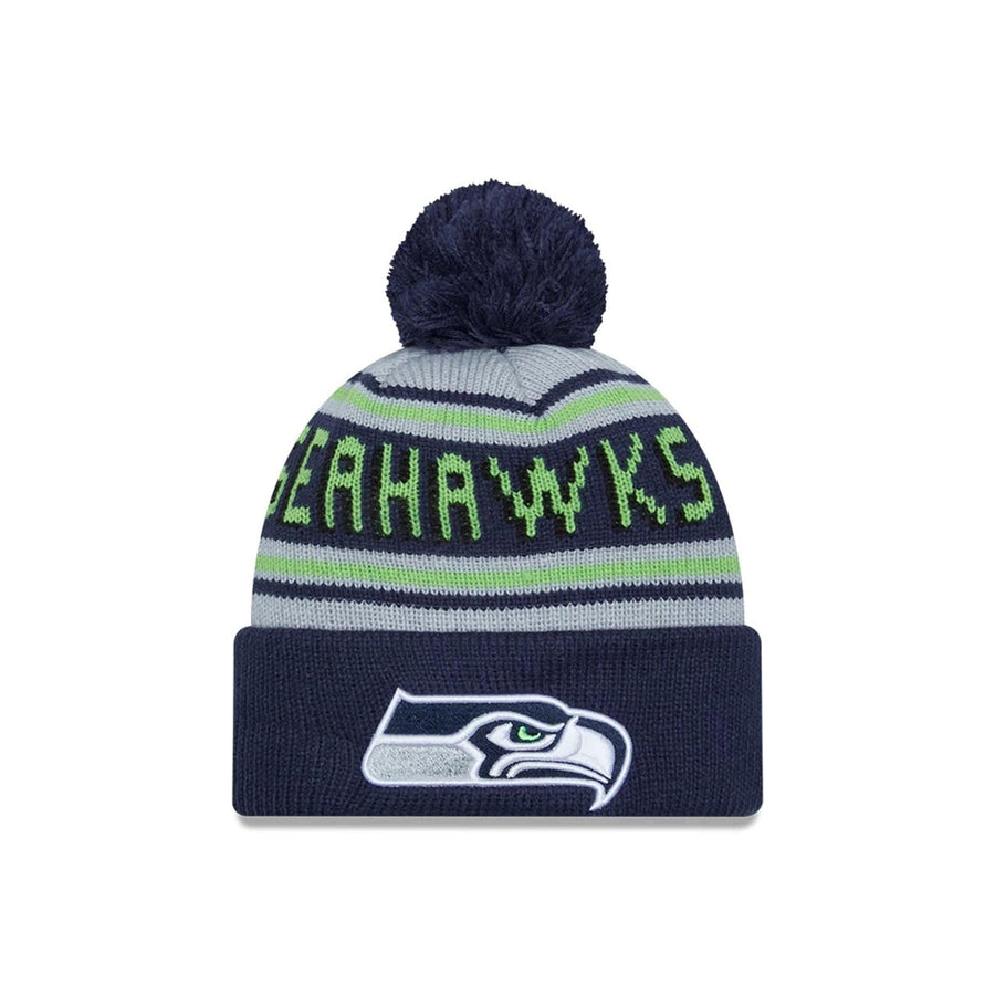 This is a Seattle Seahawks NFL Pom Wordmark Navy Bobble Knit Beanie Hat 1