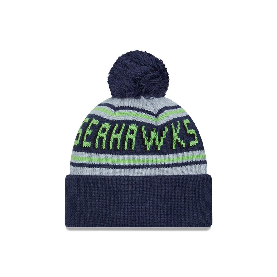 This is a Seattle Seahawks NFL Pom Wordmark Navy Bobble Knit Beanie Hat 2