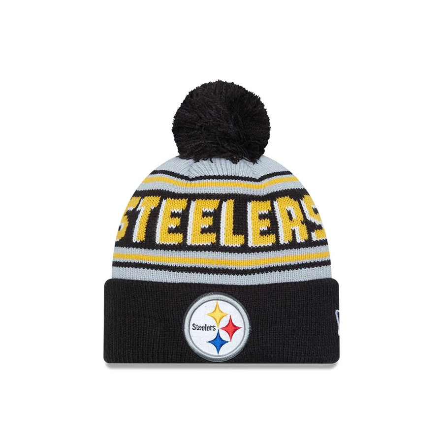 This is a Pittsburgh Steelers NFL Pom Wordmark Black Bobble Knit Beanie Hat 1