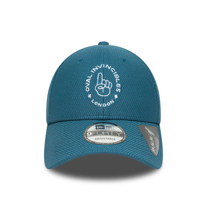 Oval Invincibles The Hundred 2025 Blue New Era 9FORTY Adjustable Cap, front view showing white embroidered Oval Invincibles London logo centred on the structured blue crown, with 9FORTY size sticker on the curved visor.
