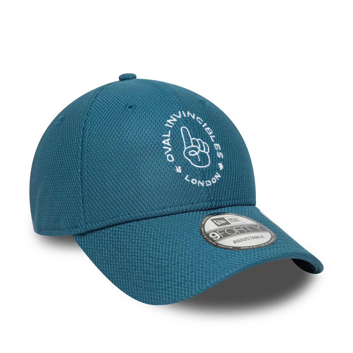 Oval Invincibles The Hundred 2025 Blue New Era 9FORTY Adjustable Cap, front view showing white embroidered Oval Invincibles London logo and a 9FORTY size sticker centred on the blue curved visor.