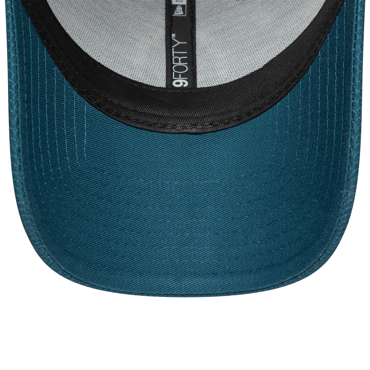 Oval Invincibles The Hundred 2025 Blue New Era 9FORTY Adjustable Cap, inside view showing the black undervisor and interior taping with the 9FORTY label in white against a textured fabric.