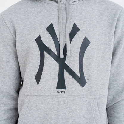 New York Yankees MLB Regular Grey Pullover Hoodie, front view showing the large raised black New York Yankees logo centred on the chest of the light grey hoodie with drawstrings hanging from the hoodie collar.