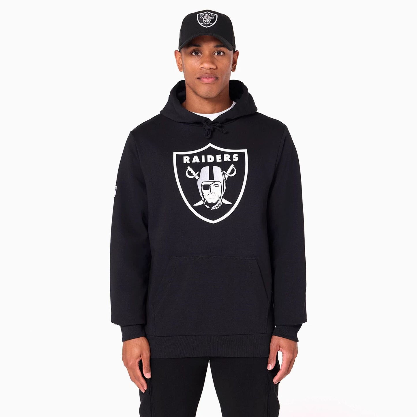 The Male model is wearing Las Vegas Raiders NFL Black Pullover Hoodie 1