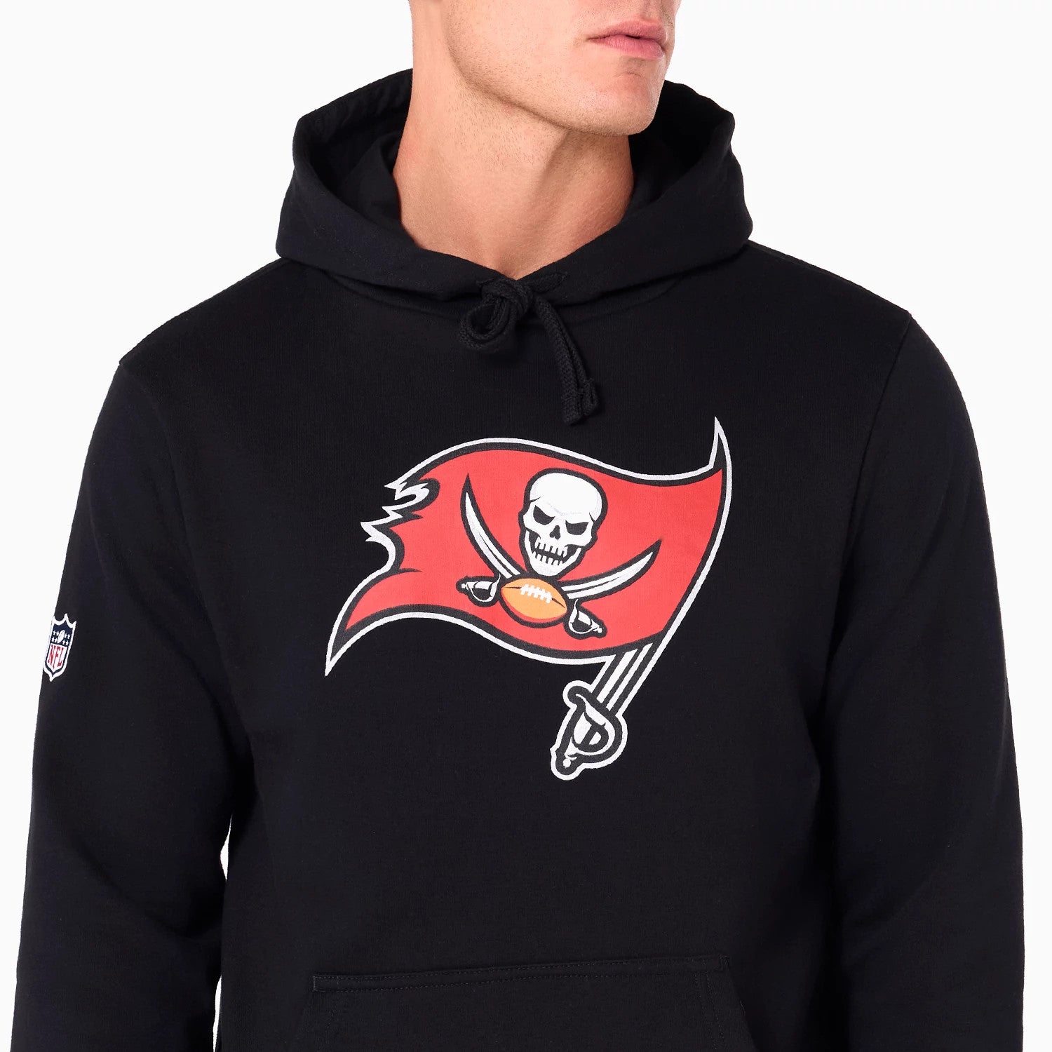 The Male model is wearing Tampa Bay Buccaneers NFL Black Pullover Hoodie 3