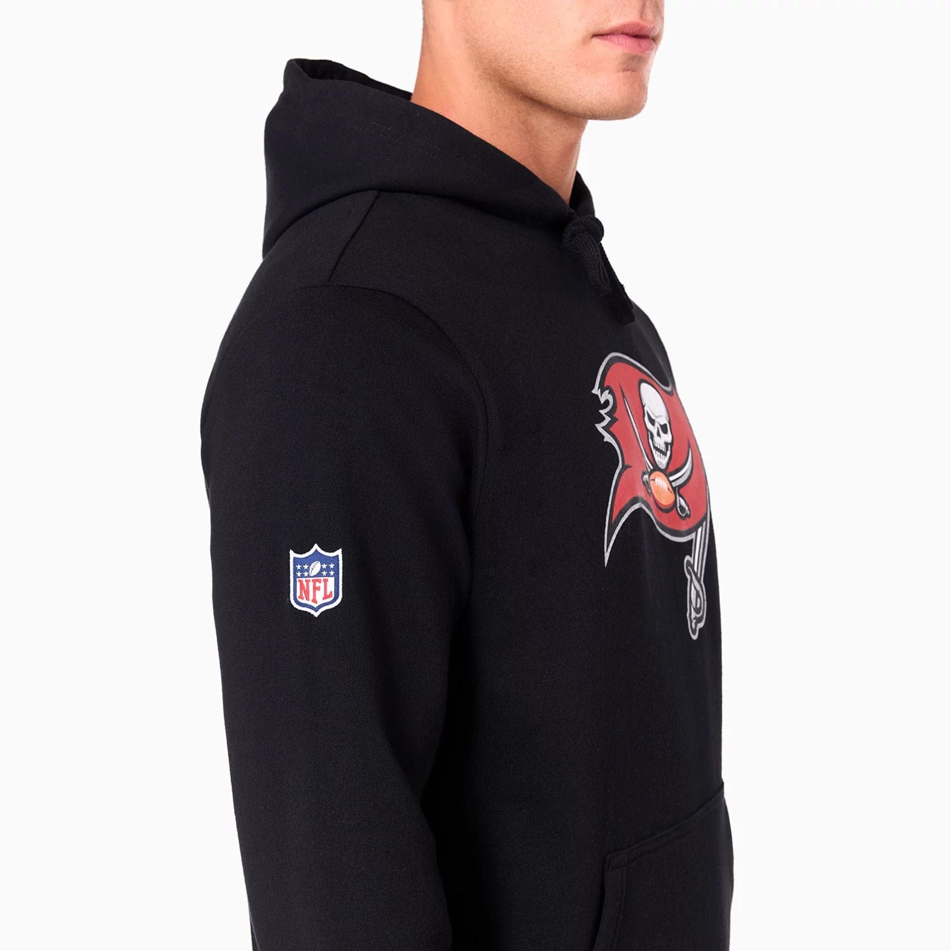 The Male model is wearing Tampa Bay Buccaneers NFL Black Pullover Hoodie 6