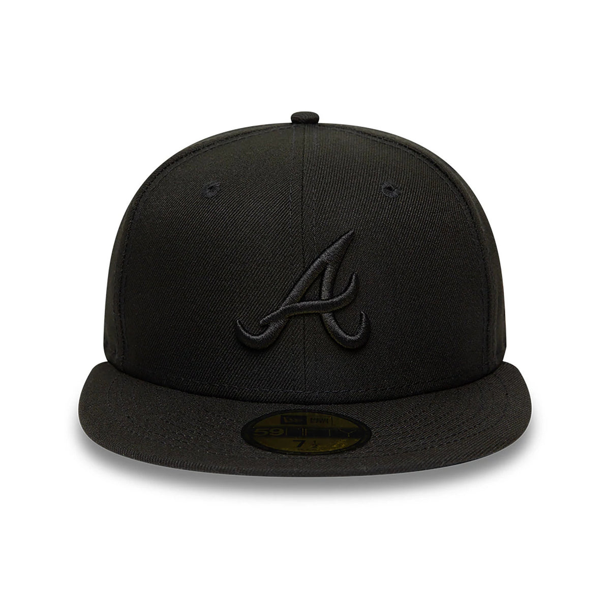 Atlanta Braves MLB Black on Black New Era 59FIFTY Fitted Cap, front view showing the raised black embroidered A logo on the front panel, with a flat black visor and gold 59FIFTY size sticker on top.