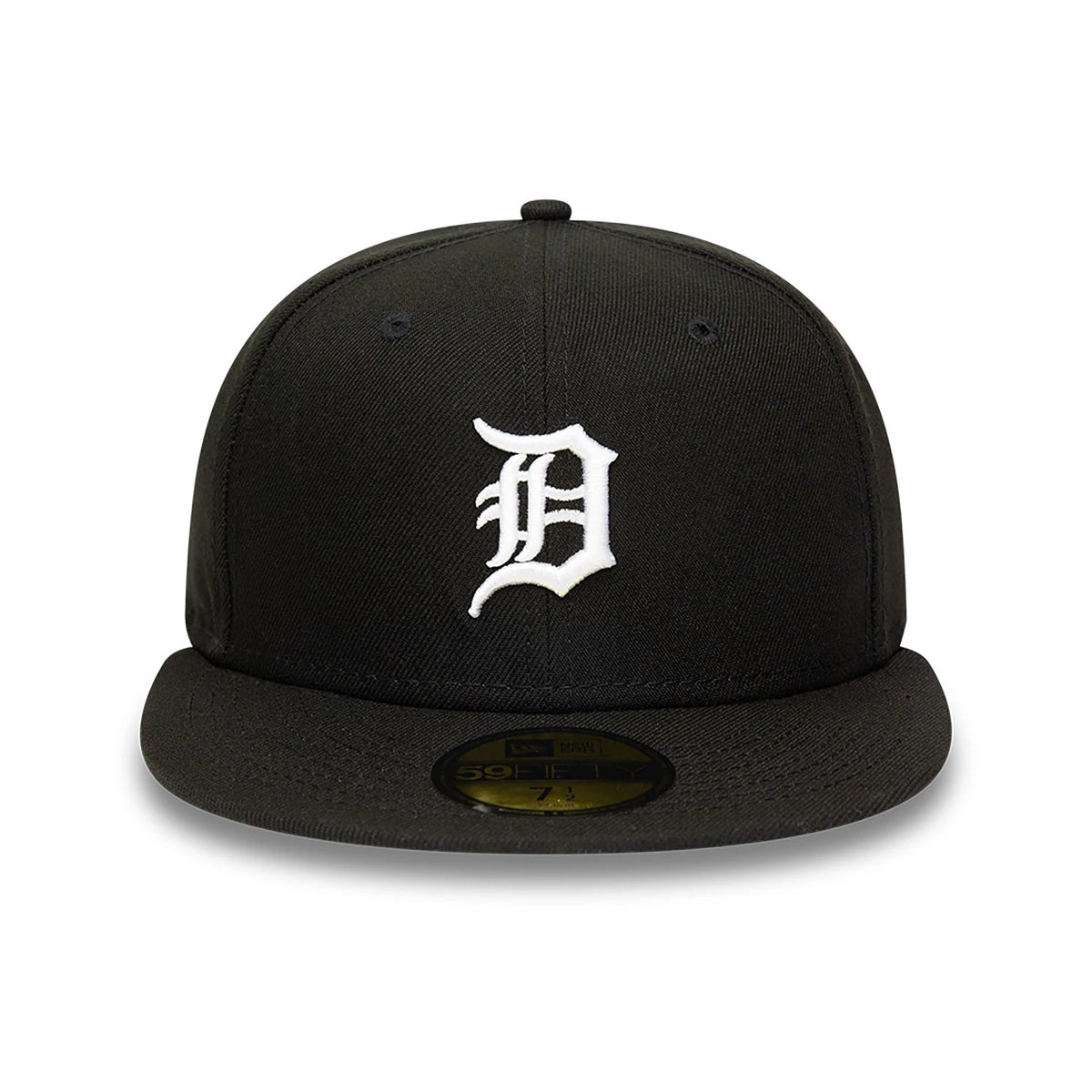 Detroit Tigers MLB Black and White New Era 59FIFTY Fitted Cap, front view showing the white embroidered D logo on the front panel, black flat visor with a gold 59FIFTY size sticker on top and black eyelets.