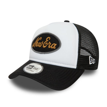 New Era Youth Black Oval Trucker Cap, front view with raised embroidered gold New Era lettering on a black oval patch, black curved visor with a 9FORTY size sticker, and white mesh back panels featuring the New Era flag logo on the left side.