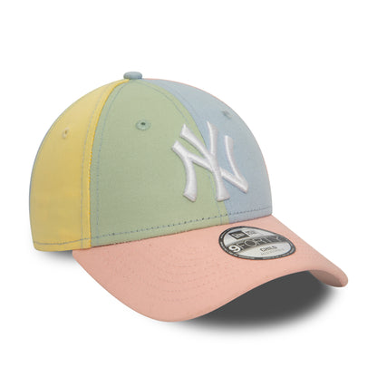 New York Yankees MLB Block Pink New Era 9FORTY Adjustable Cap, front view showing the raised white NY logo on a pastel multi-tone crown, with a soft pink visor and a black 9FORTY size sticker.