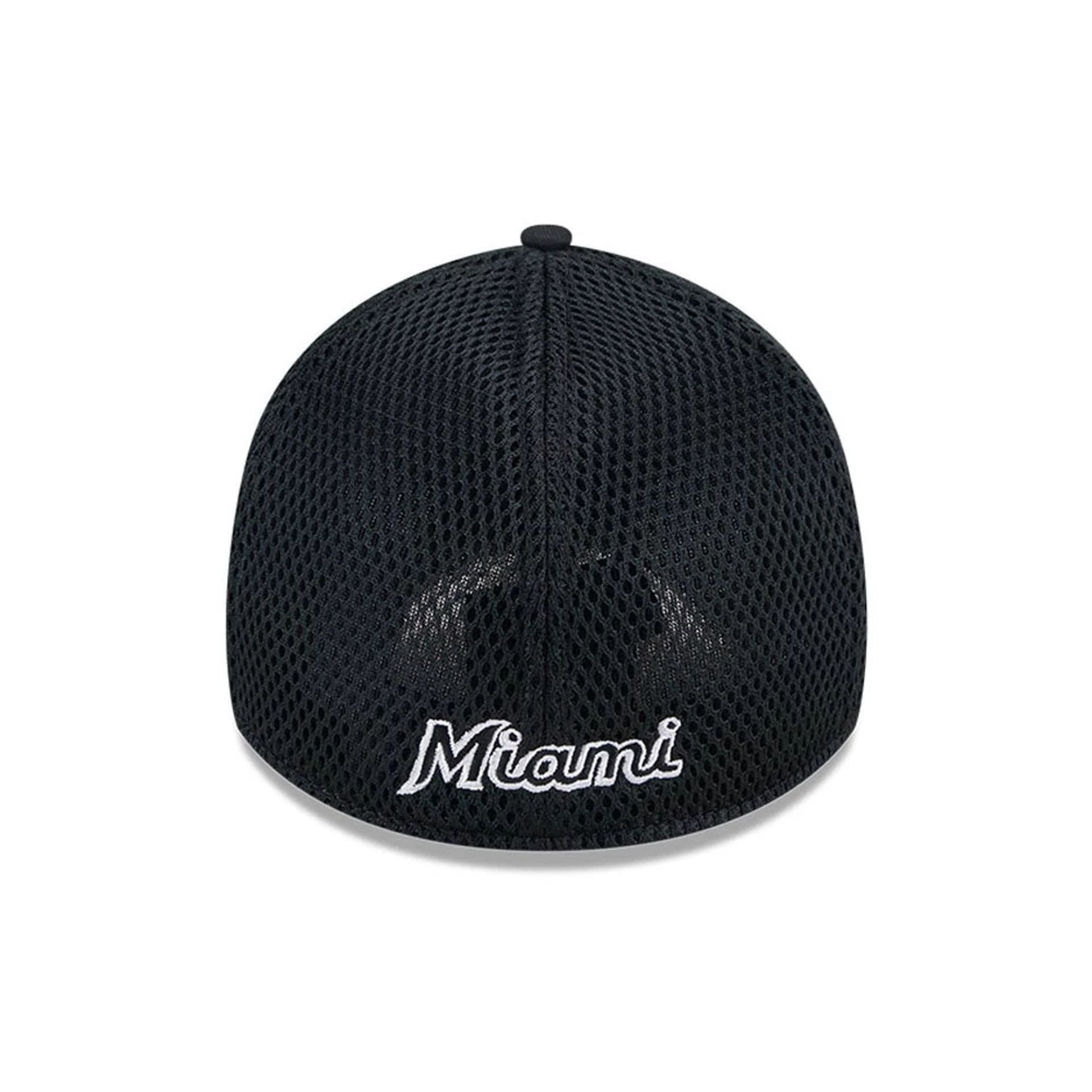 Pictured is this MLB Evergreen Neo Miami Marlins 39THIRTY Stretch Fit cap in black. 2