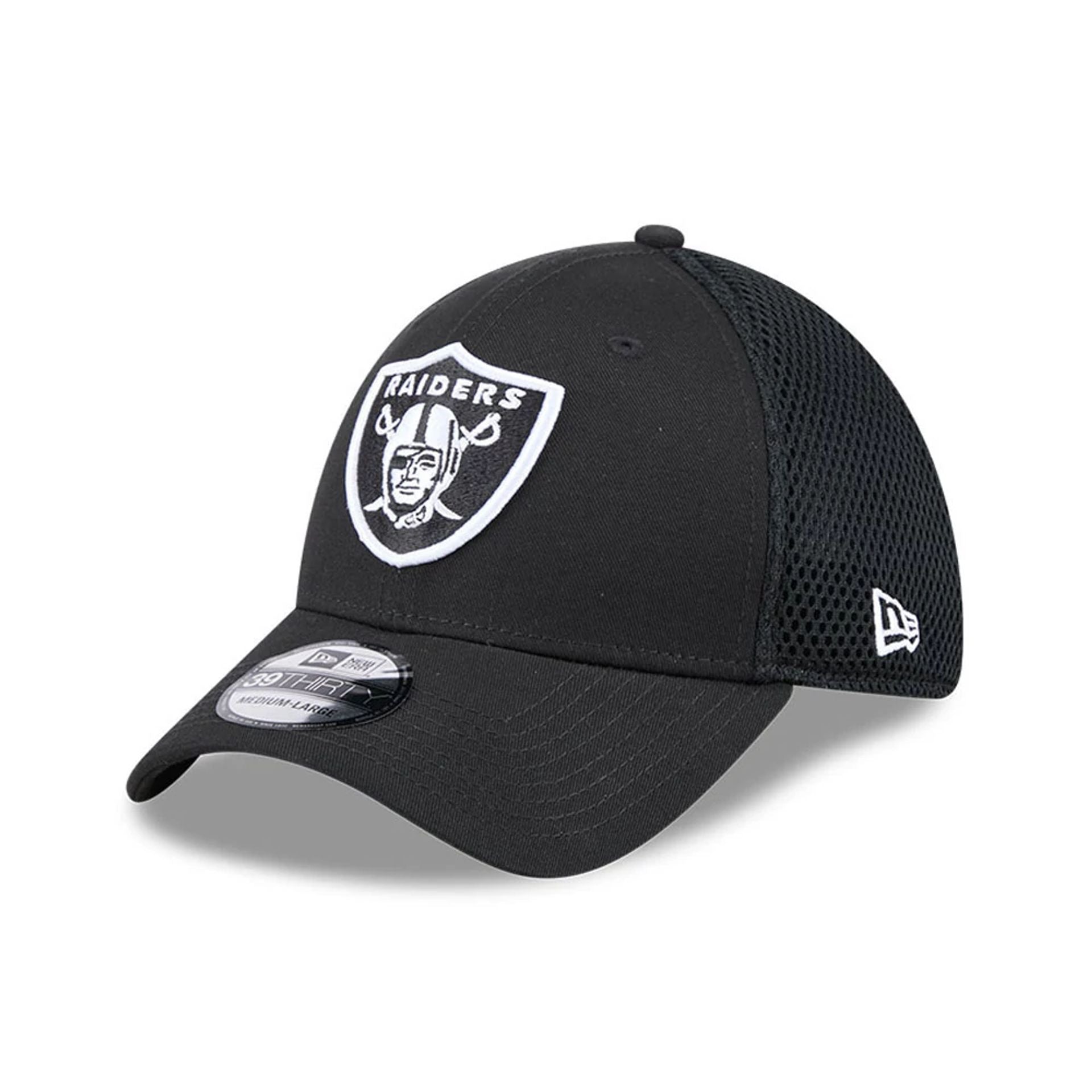 Pictured is this NFL Evergreen Neo Las Vegas Raiders 39THIRTY Stretch Fit cap in black. 1