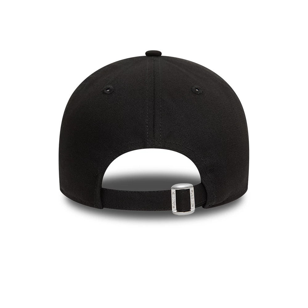 New York Yankees League Essential Black New Era 9TWENTY Adjustable Cap, rear view showing an opening with a fabric strap and silver buckle detail for size adjustment, set below the structured black crown with a top button and eyelets.
