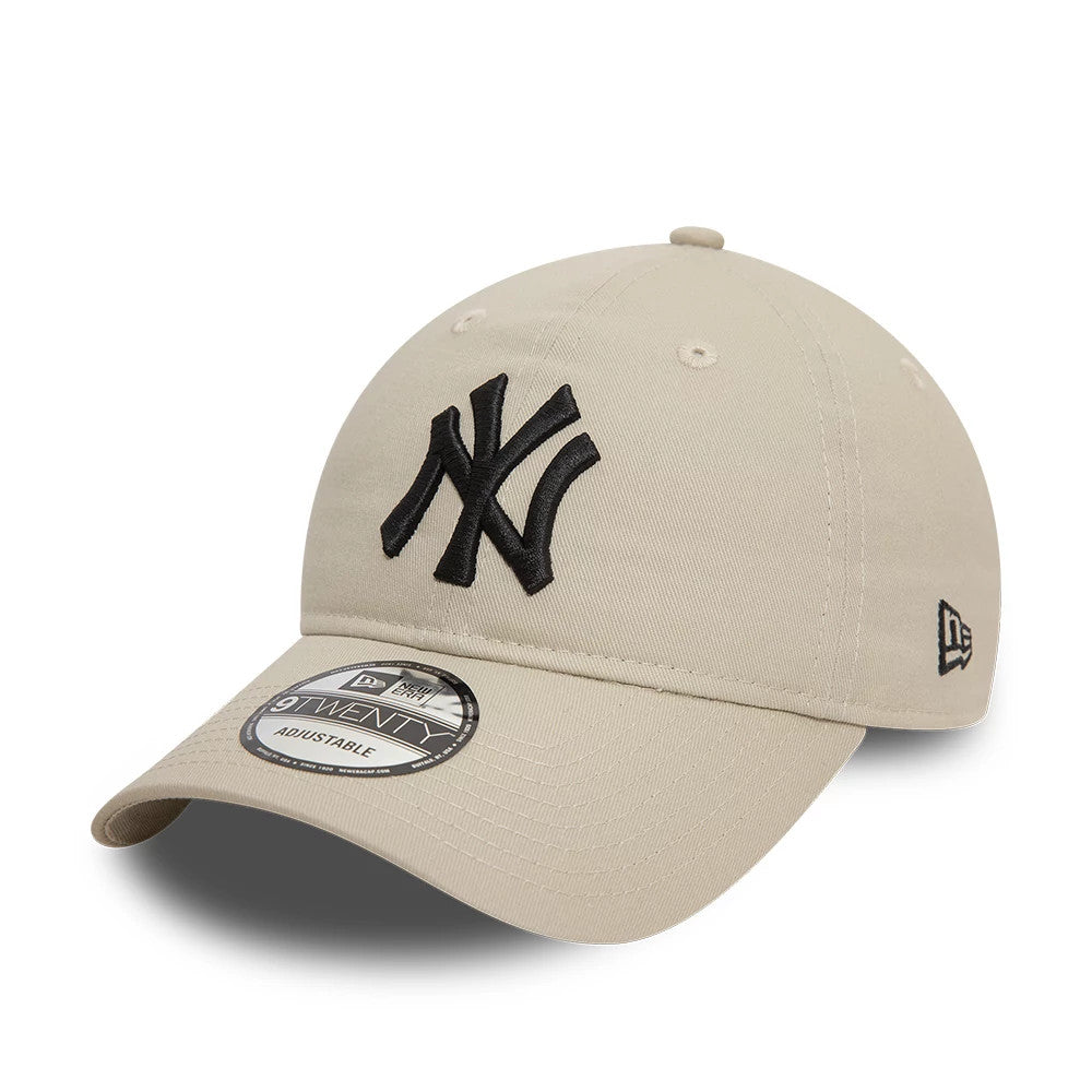 New York Yankees League Essential Core Stone New Era 9TWENTY Adjustable Cap, front view showing the raised black NY logo on the front panel, curved visor with 9TWENTY size sticker, and New Era flag logo on the left side.