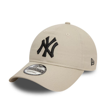 New York Yankees League Essential Core Stone New Era 9TWENTY Adjustable Cap, front view showing the raised black NY logo on the front panel, curved visor with 9TWENTY size sticker, and New Era flag logo on the left side.