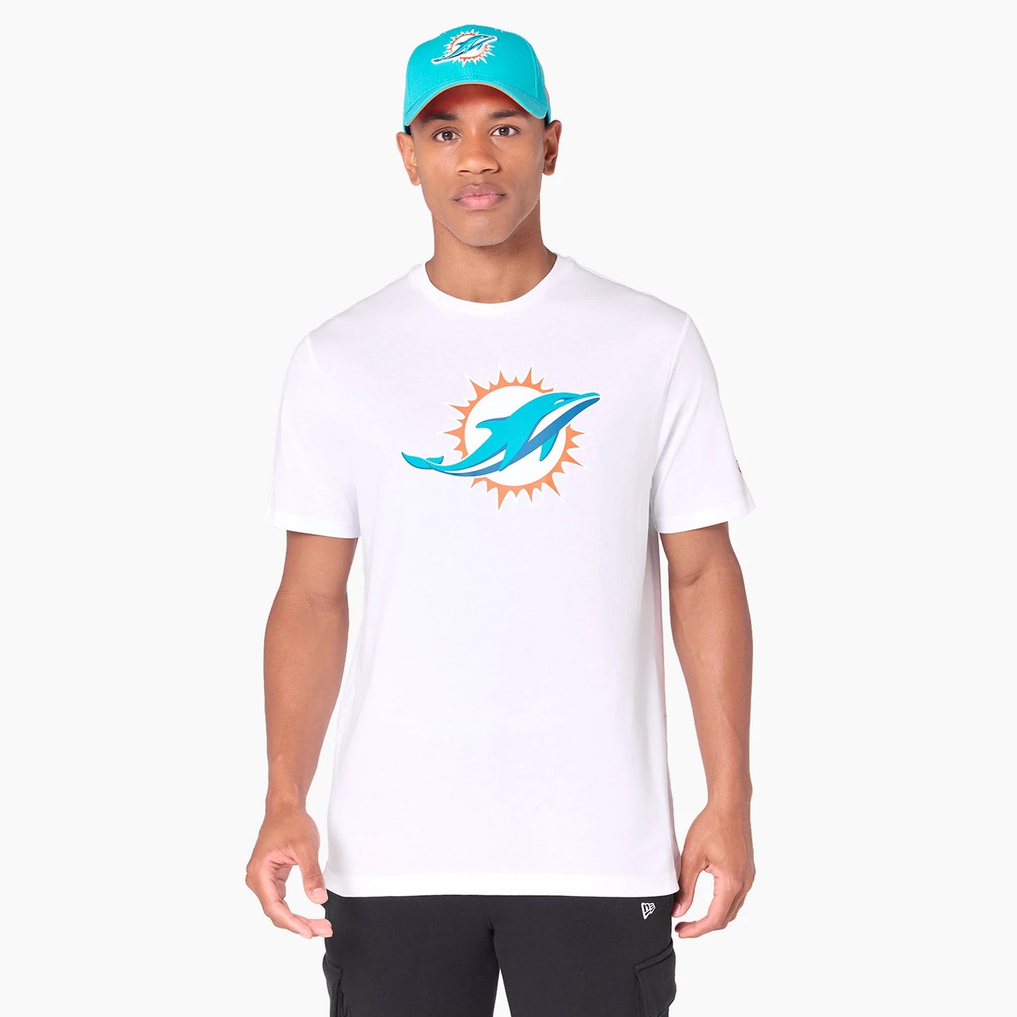 The Male model is wearing Miami Dolphins NFL White T-Shirt 1