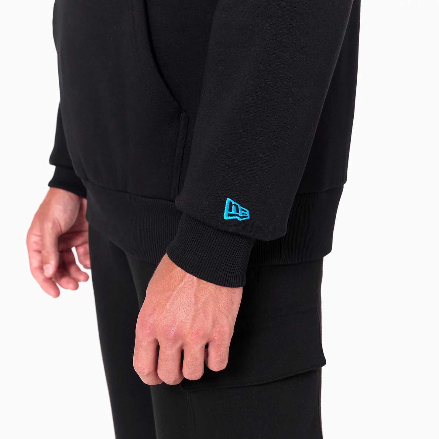 The Male model is wearing Carolina Panthers NFL Black Pullover Hoodie 7