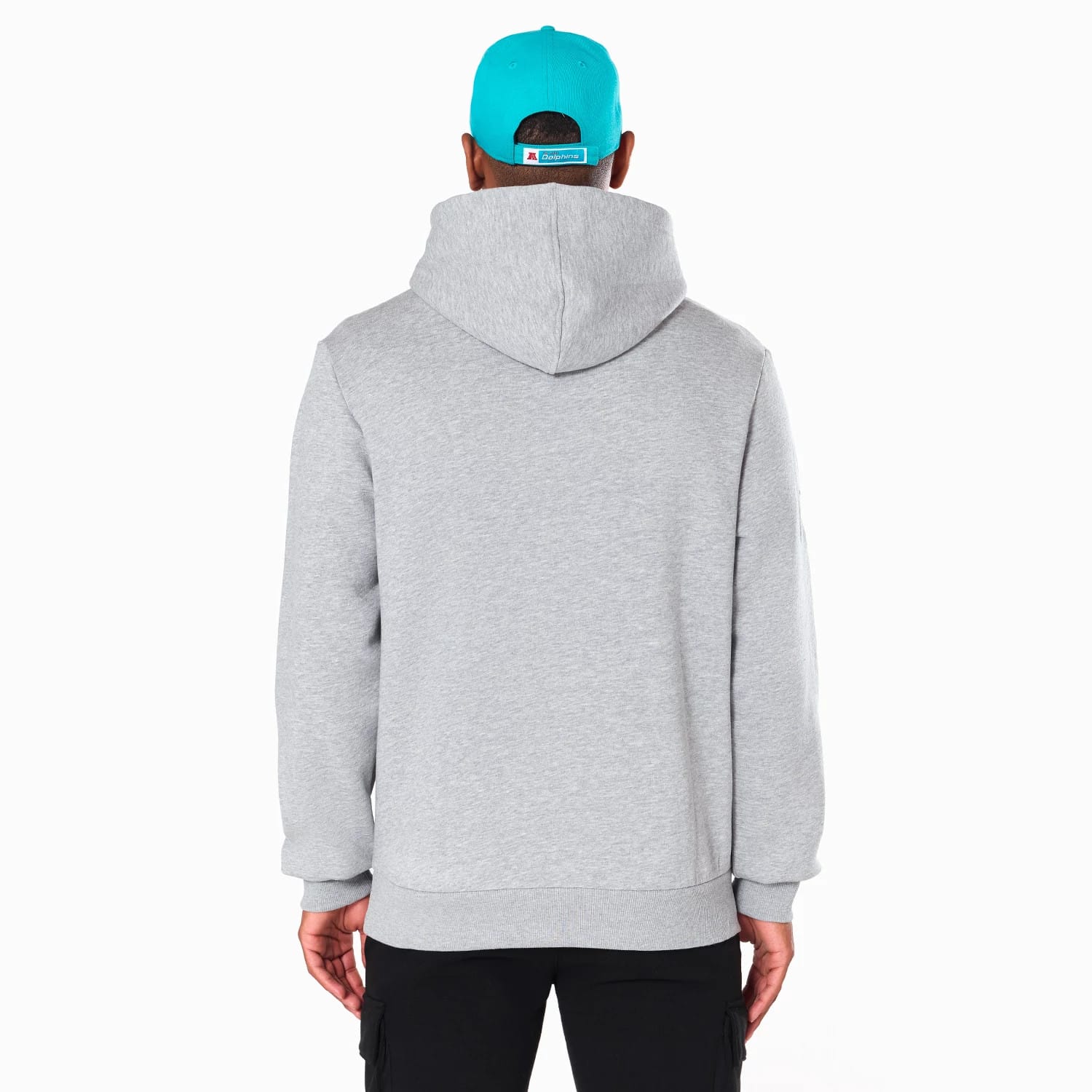 The Male model is wearing Miami Dolphins NFL Grey Pullover Hoodie 7