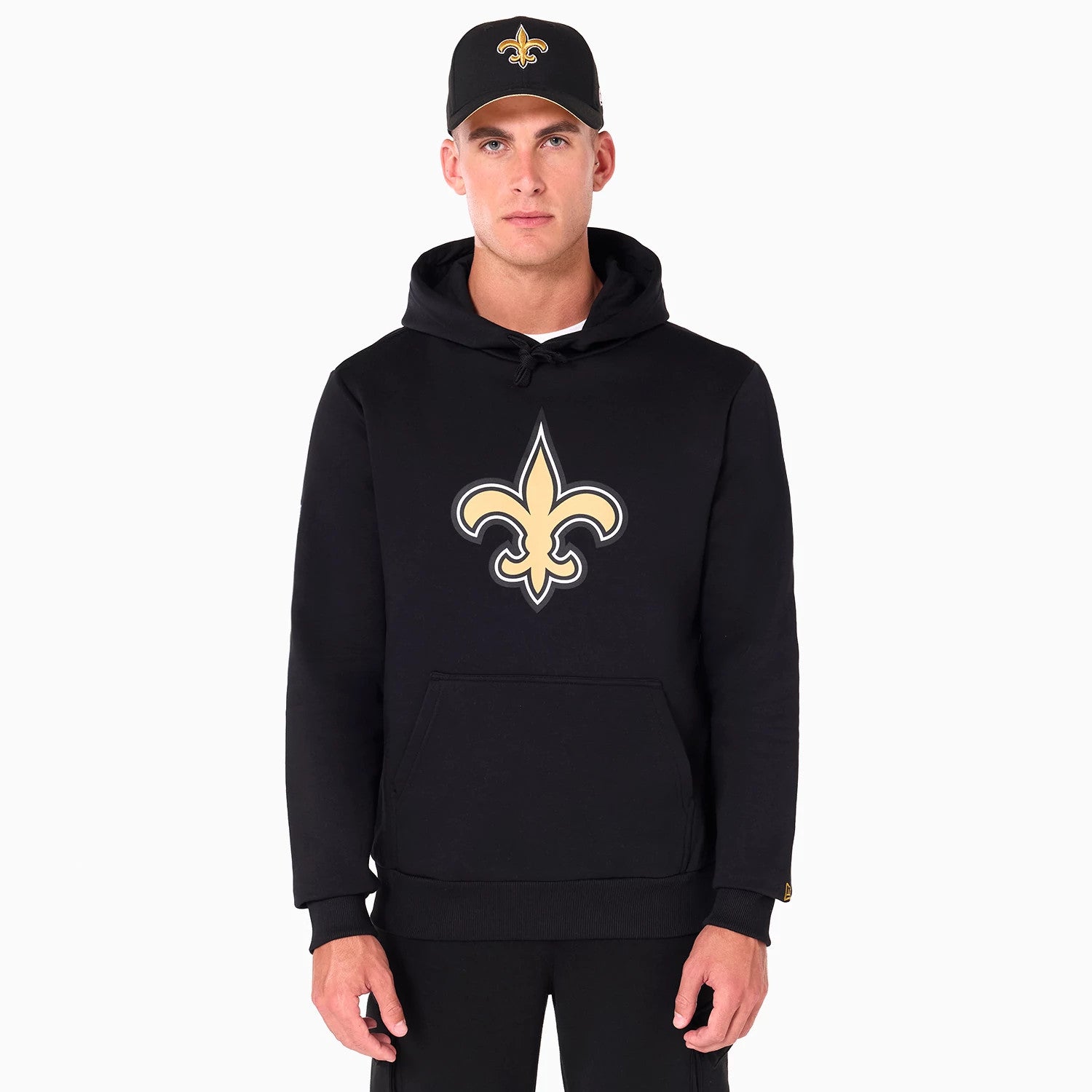 The Male model is wearing New Orleans Saints NFL Black Pullover Hoodie 1