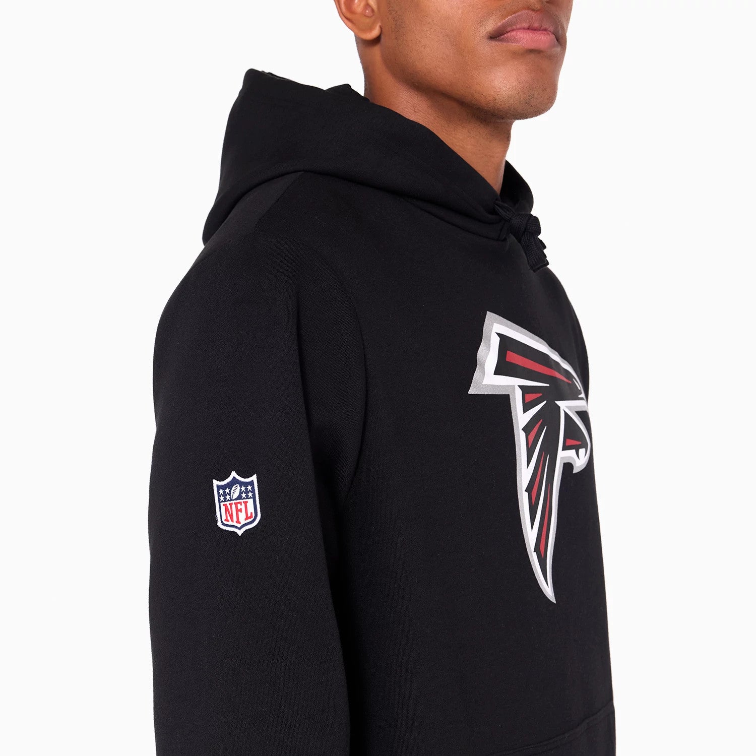 The Male model is wearing Atlanta Falcons NFL Black Pullover Hoodie 6