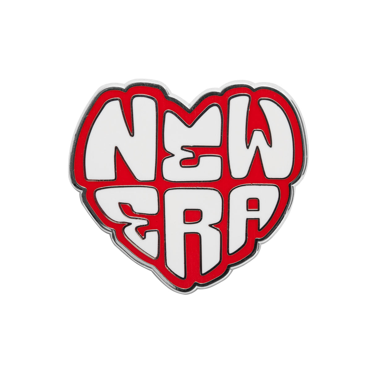 New Era Heart Silver Pin Badge, front view featuring a heart-shaped pin with the words New Era in raised white lettering on a red background, surrounded by a silver outline.