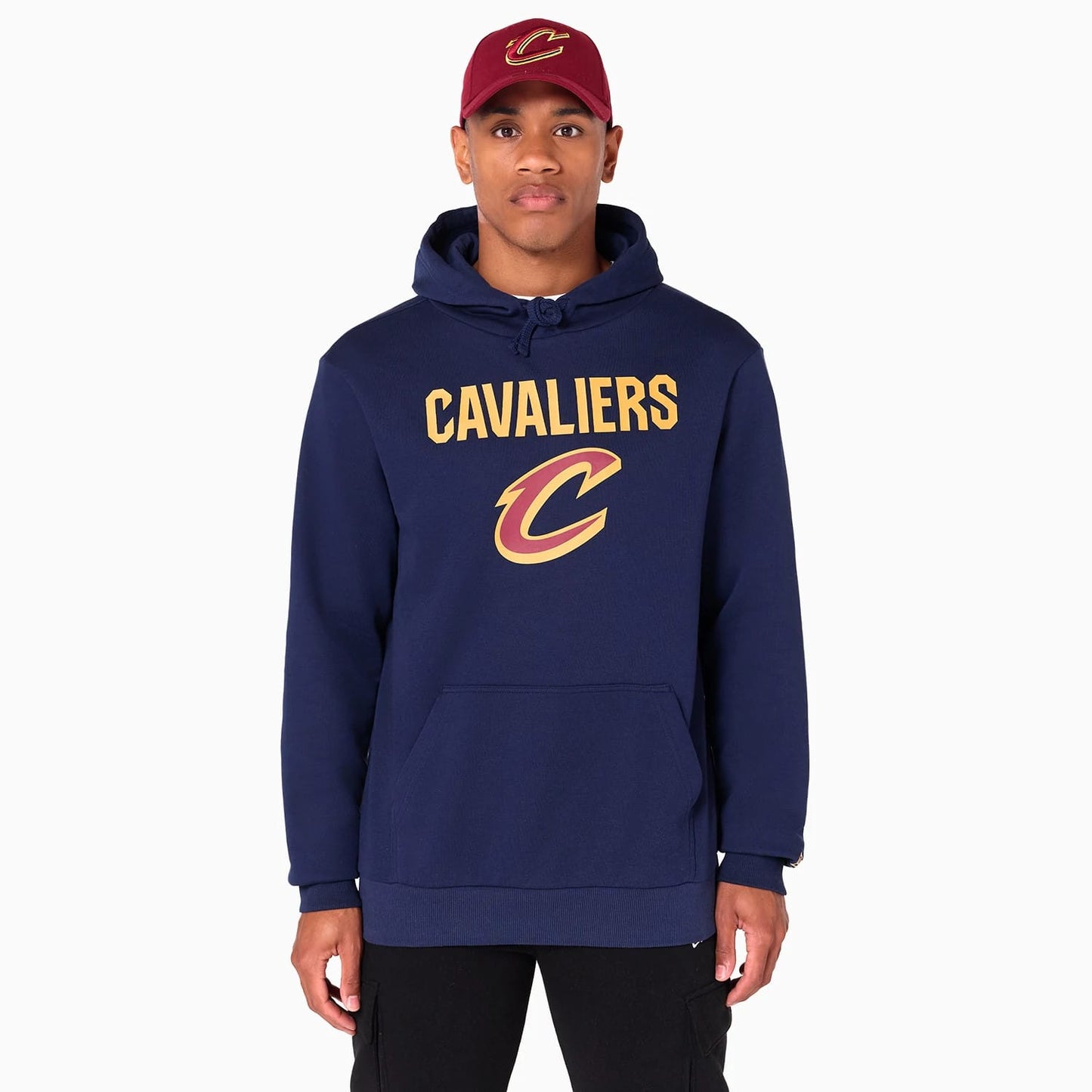 The Male model is wearing Cleveland Cavaliers NBA Navy Pullover Hoodie 1