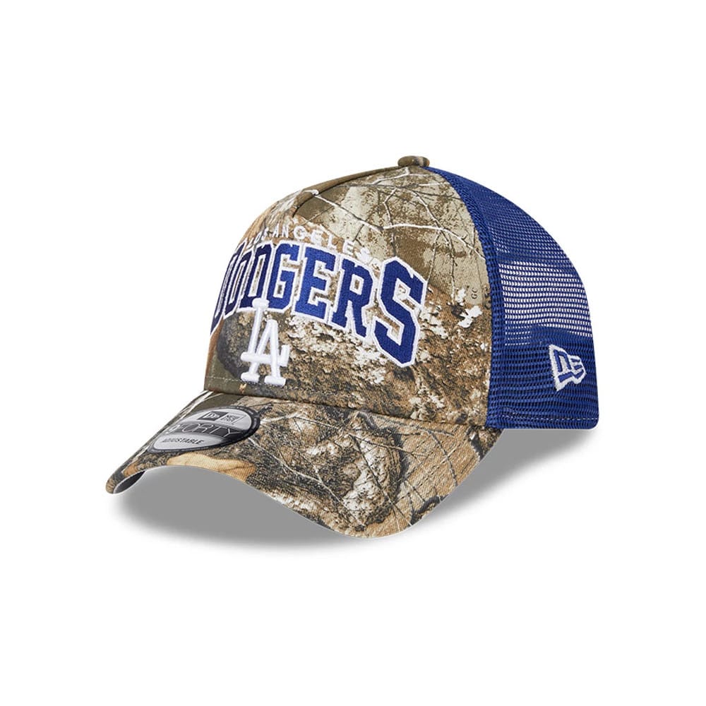 Pictured is this MLB Realtree Camo LA Dodgers 9FORTY A-Frame Trucker Adjustable cap in dark blue. 1