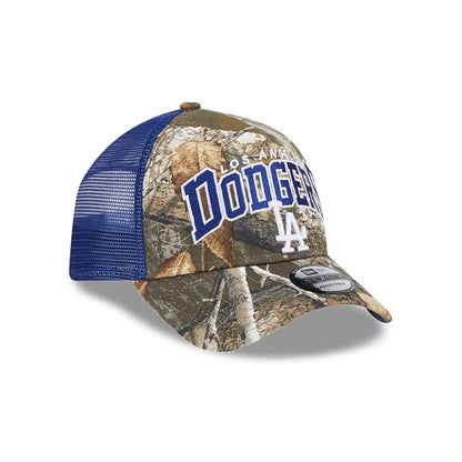 Pictured is this MLB Realtree Camo LA Dodgers 9FORTY A-Frame Trucker Adjustable cap in dark blue. 4