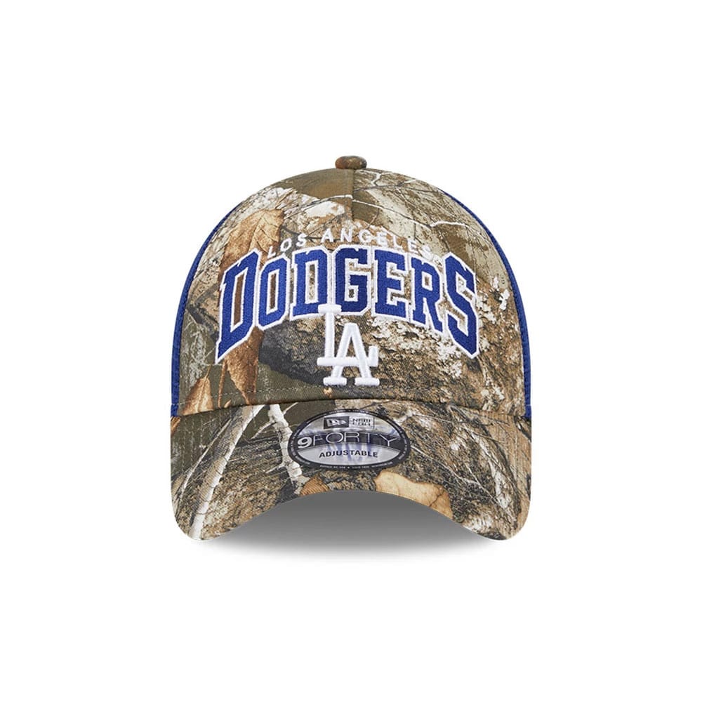 Pictured is this MLB Realtree Camo LA Dodgers 9FORTY A-Frame Trucker Adjustable cap in dark blue. 3
