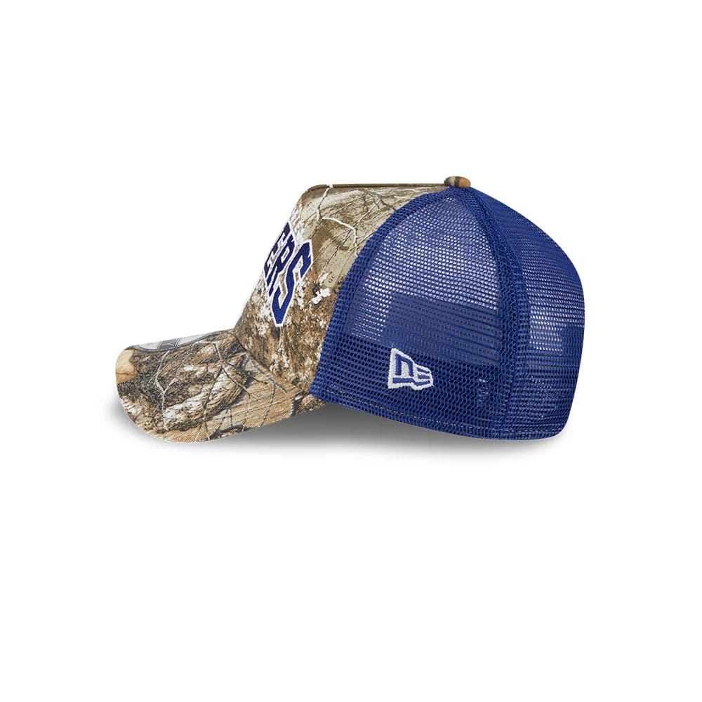 Pictured is this MLB Realtree Camo LA Dodgers 9FORTY A-Frame Trucker Adjustable cap in dark blue. 5