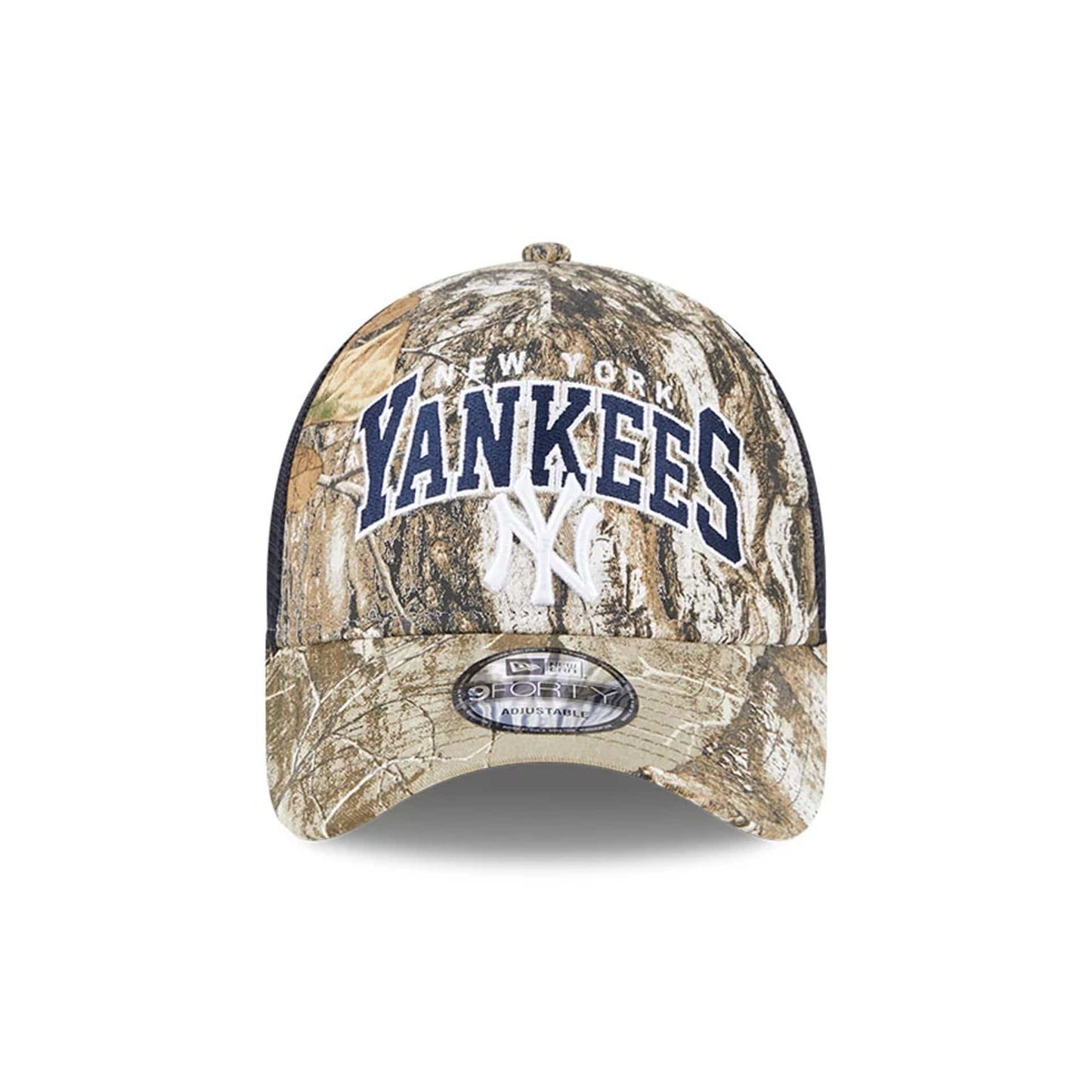 Pictured is this MLB Realtree Camo New York Yankees 9FORTY A-Frame Trucker Adjustable cap in navy. 3