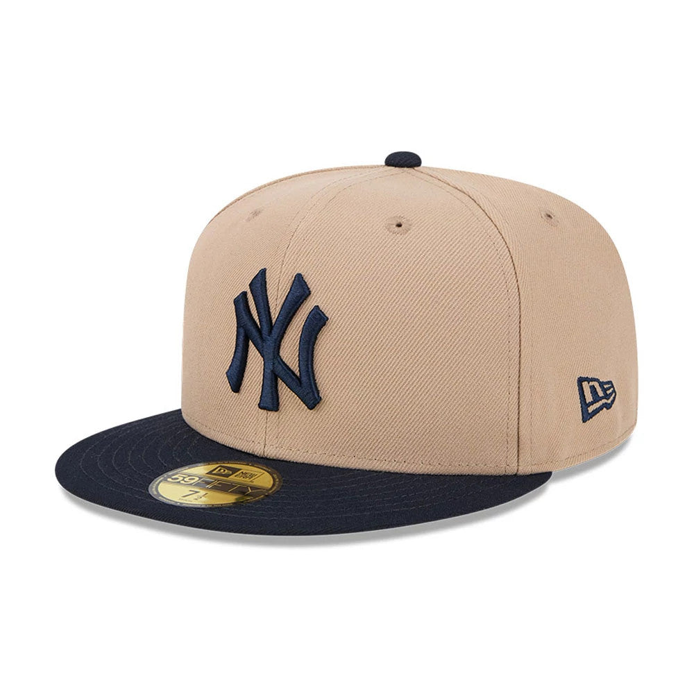 Pictured is this MLB Evergreen New York Yankees 59FIFTY Fitted cap in light beige. 1