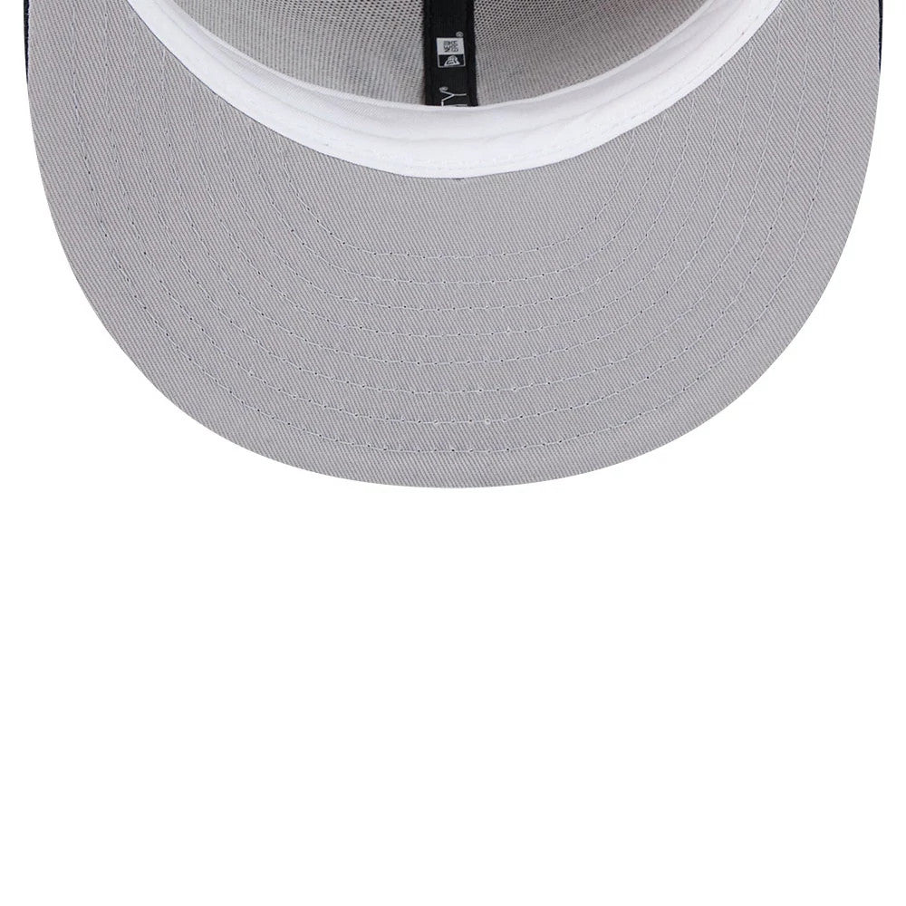 New York Yankees MLB Evergreen Light Beige New Era 59FIFTY Fitted Cap, inside view showing the grey undervisor, white sweatband, and black taping running along the seams of the structured crown.
