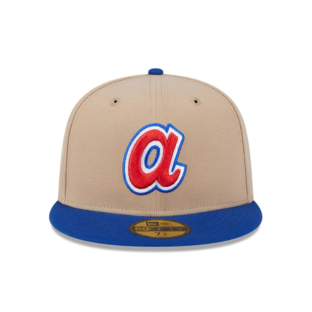 Pictured is this MLB Evergreen Atlanta Braves 59FIFTY Fitted cap in light beige. 3