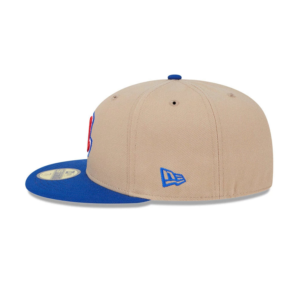 Pictured is this MLB Evergreen Atlanta Braves 59FIFTY Fitted cap in light beige. 5