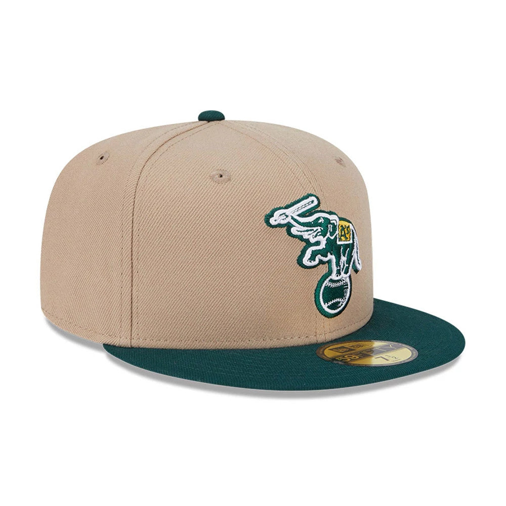 Pictured is this MLB Evergreen Athletics 59FIFTY Fitted cap in light beige. 4