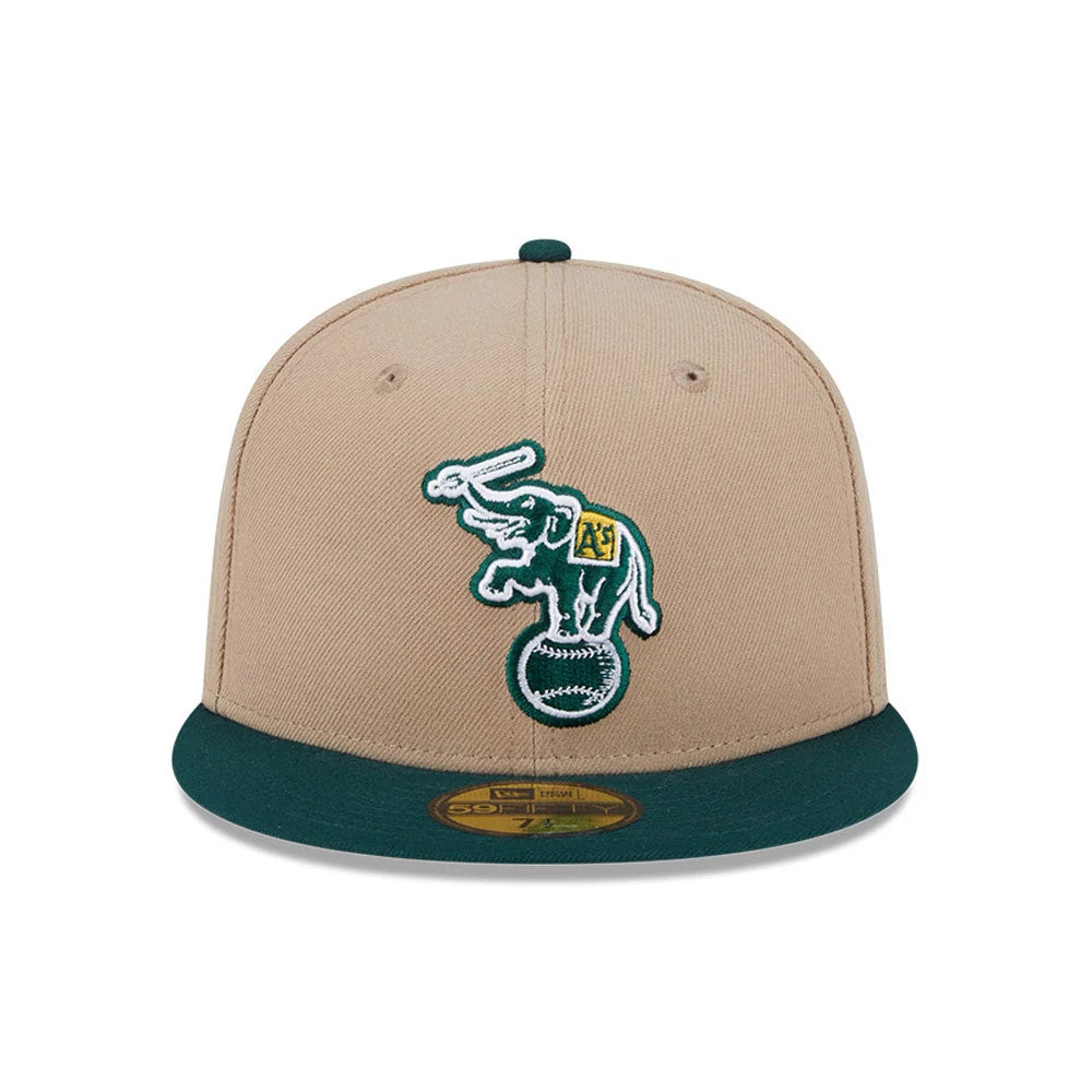 Pictured is this MLB Evergreen Athletics 59FIFTY Fitted cap in light beige. 3