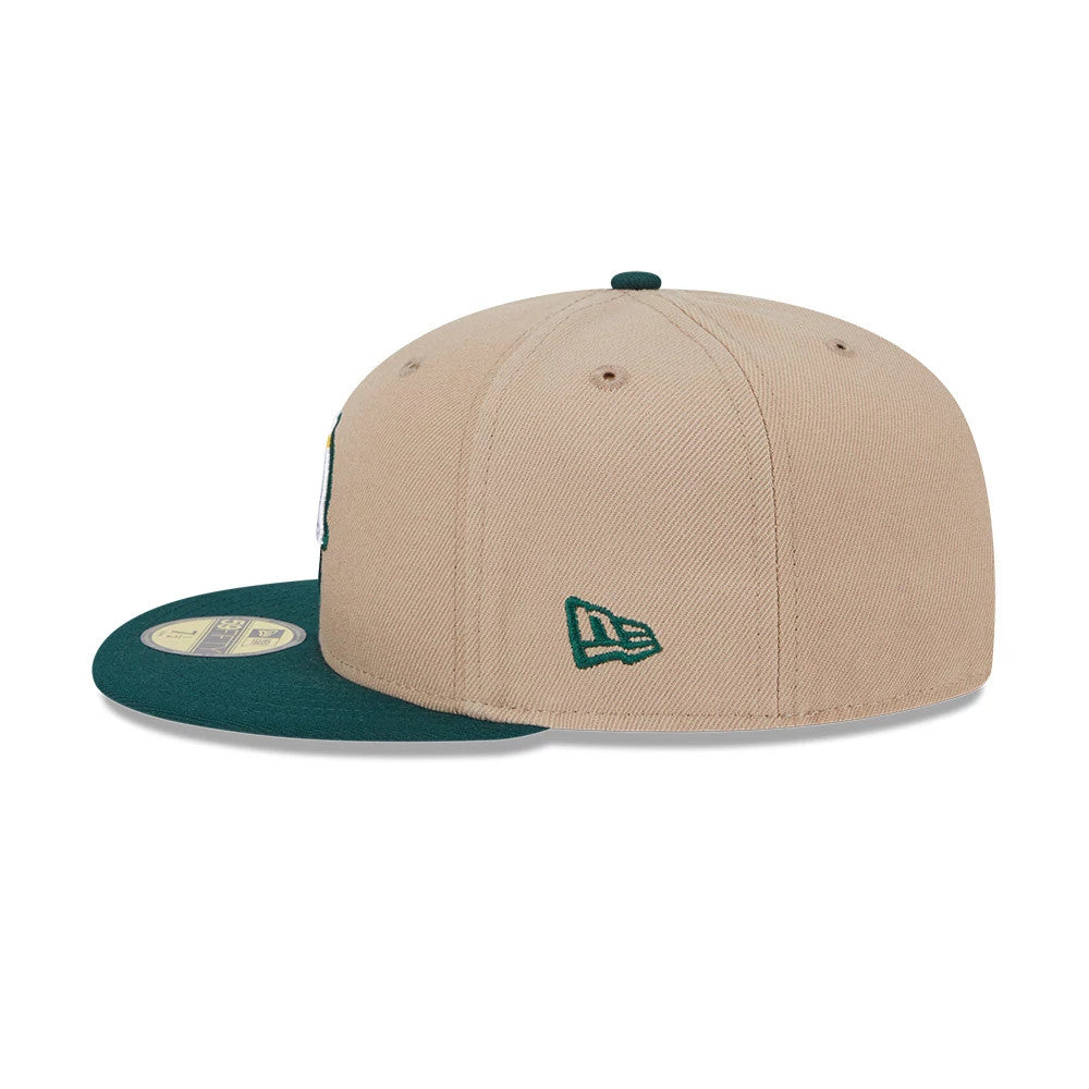 Pictured is this MLB Evergreen Athletics 59FIFTY Fitted cap in light beige. 5