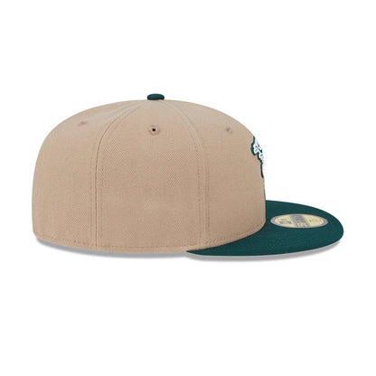 Pictured is this MLB Evergreen Athletics 59FIFTY Fitted cap in light beige. 6