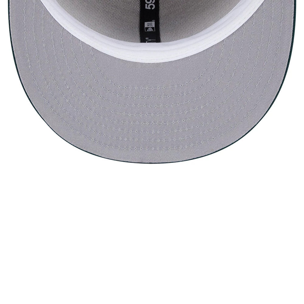 Pictured is this MLB Evergreen Athletics 59FIFTY Fitted cap in light beige. 2