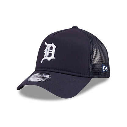 Detroit Tigers MLB Evergreen Navy New Era 9FORTY A-Frame Adjustable Cap, three-quarter view with raised white embroidered D logo on the front panel, navy curved visor with 9FORTY size sticker, and the New Era flag logo on the left mesh side.