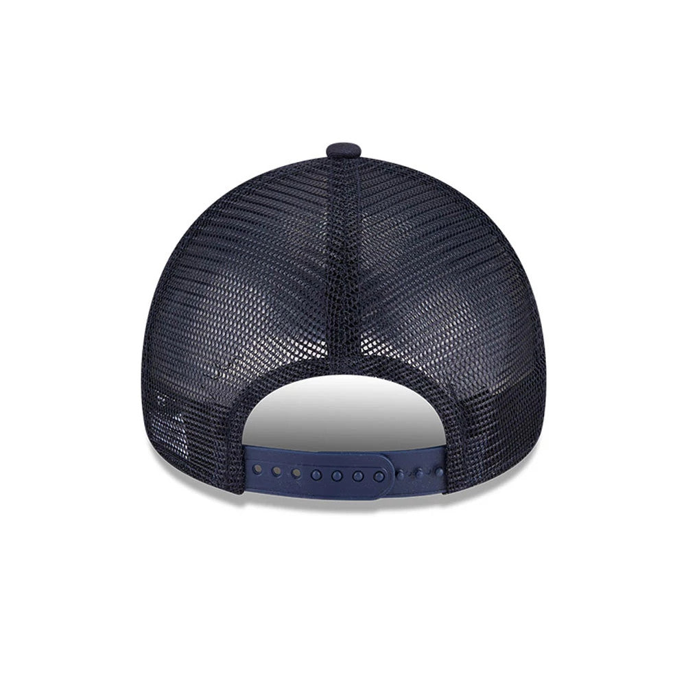 Detroit Tigers MLB Evergreen Navy New Era 9FORTY A-Frame Adjustable Cap, rear view with a navy mesh design and a snap closure, showing the structured A-Frame shape and rounded top button.