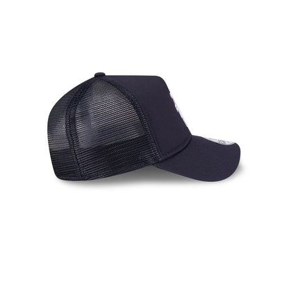 Detroit Tigers MLB Evergreen Navy New Era 9FORTY A-Frame Adjustable Cap, side view showing the mesh back panels, structured navy front panel and the curved visor with a 9FORTY size sticker.